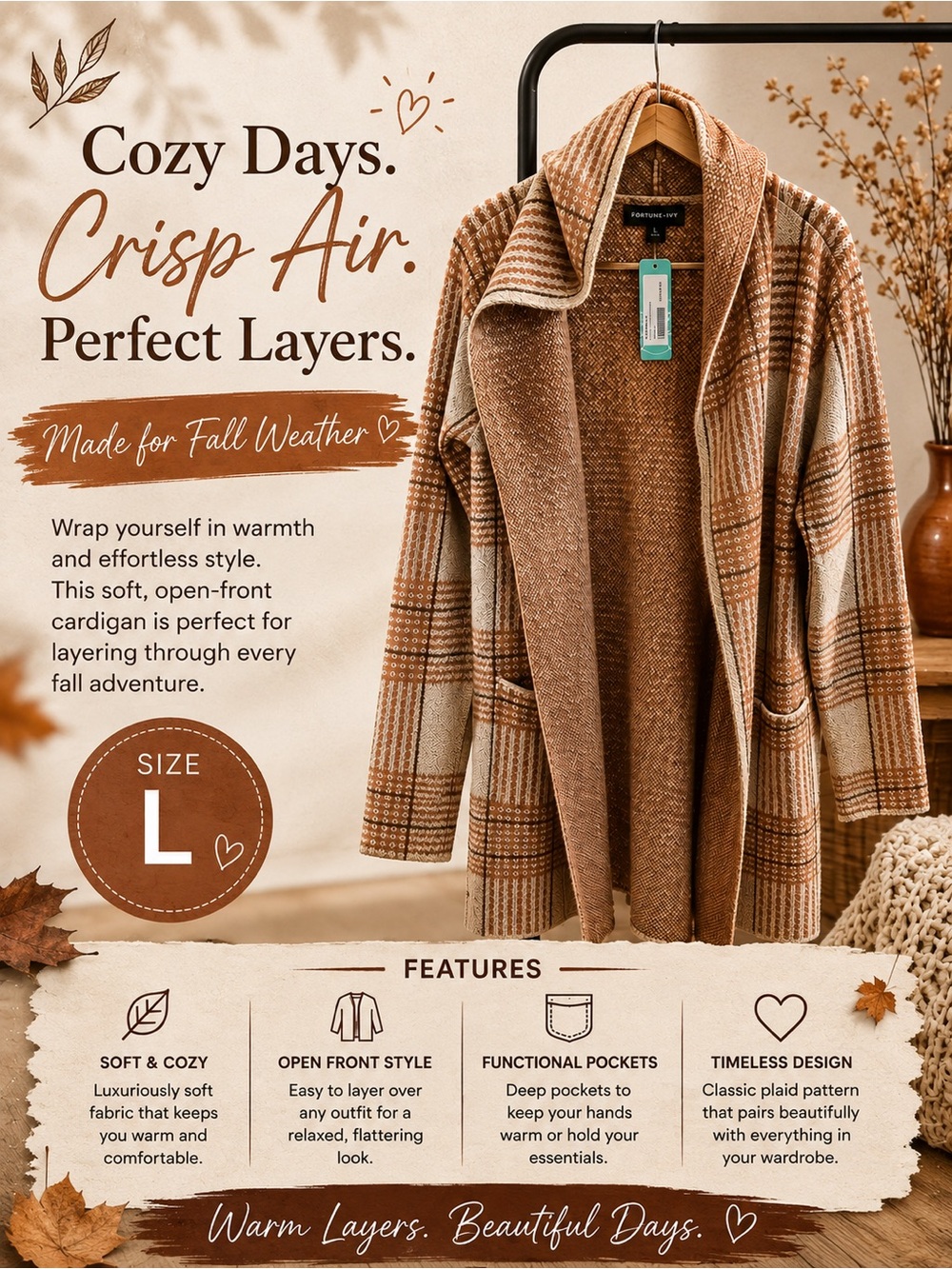Plaid Open-Front Cardigan Sweater in Brown - Size L